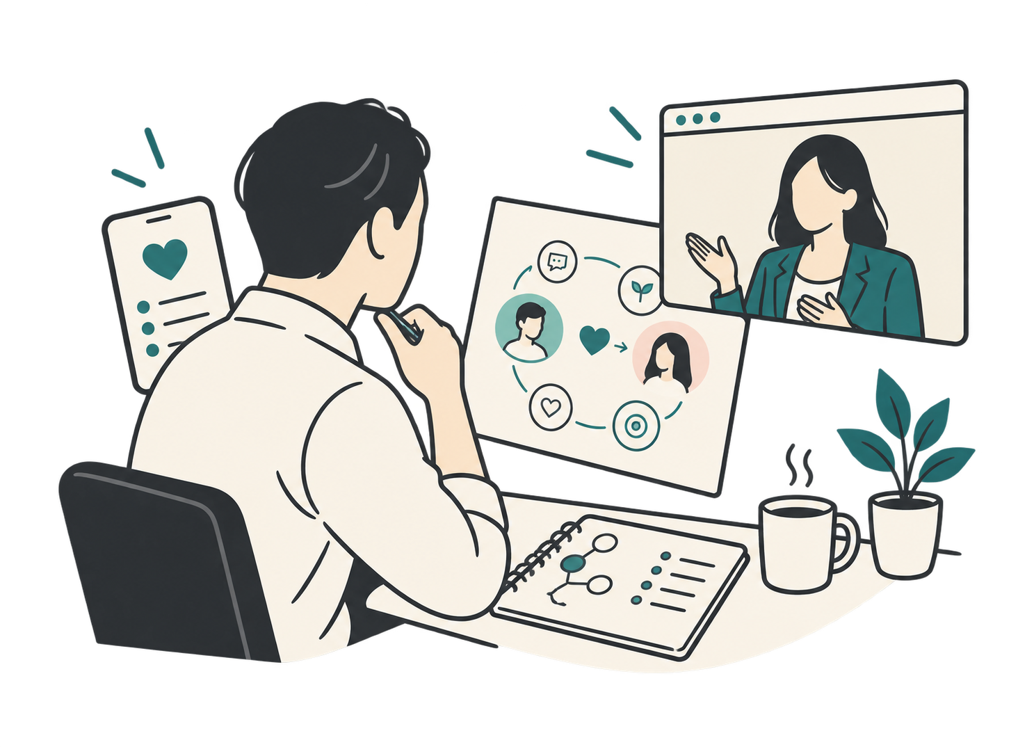 30〜40代男性が本命女性との関係を個別セッションで整理するNotion風ミニマルイラスト