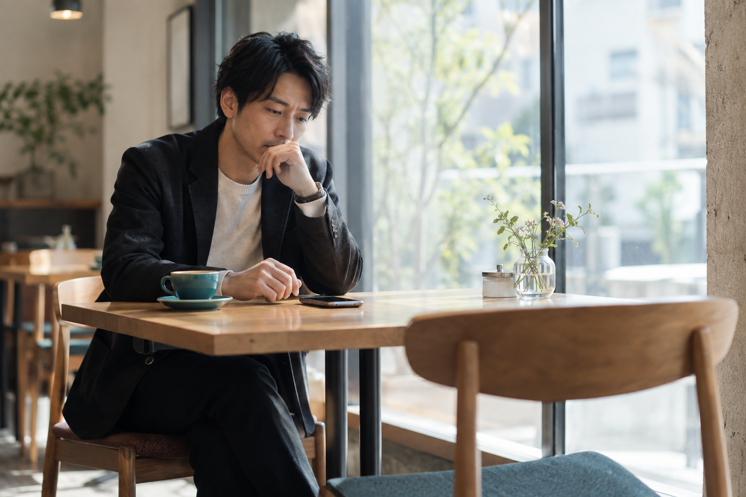 本命との待ち合わせ前にスマホを見て考え込む男性