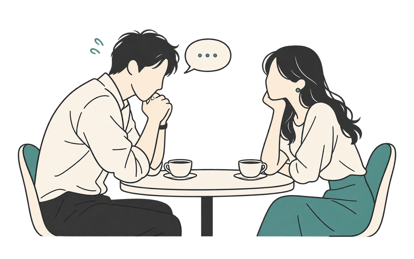 30〜40代男性が本命女性とのデートで好意を伝える直前に言葉を止めるNotion風ミニマルイラスト