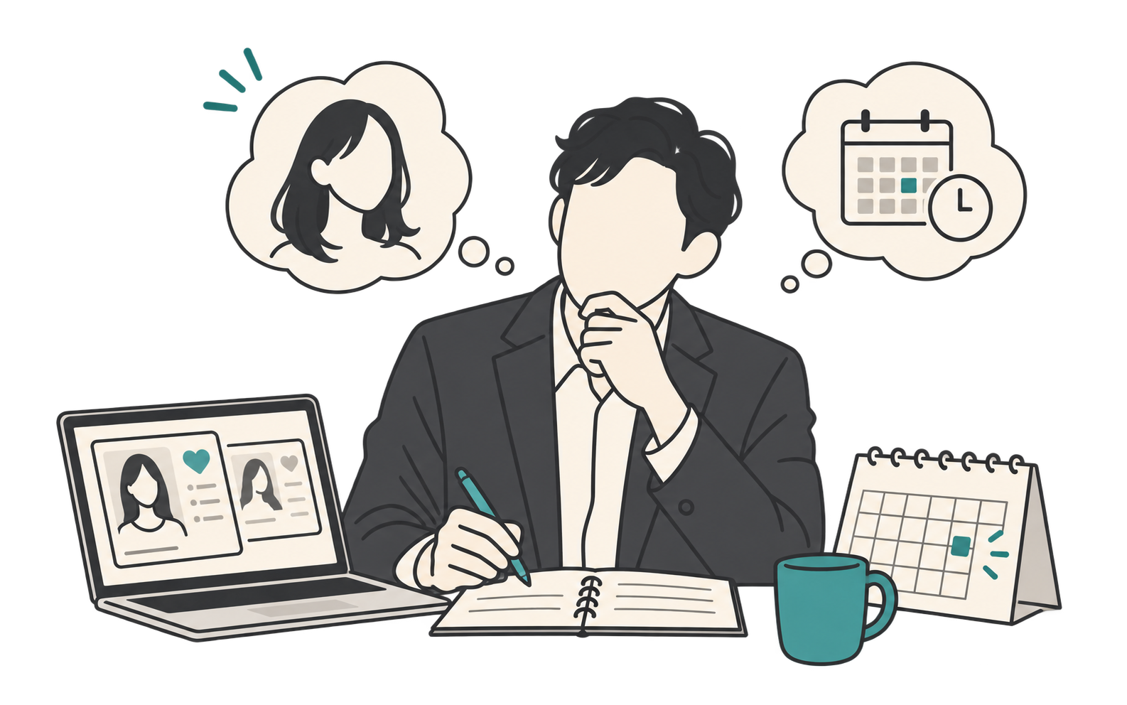 結婚相談所での挫折を思い出しながら本命女性を誘う理由を探す男性のNotion風ミニマルイラスト
