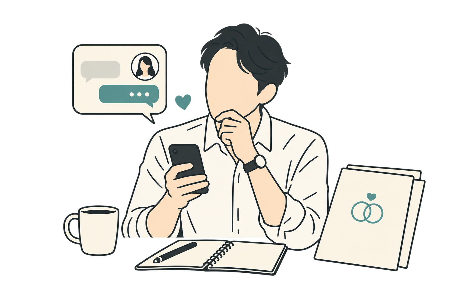 30〜40代男性が本命女性へのLINEを前に考え込むNotion風ミニマルイラスト