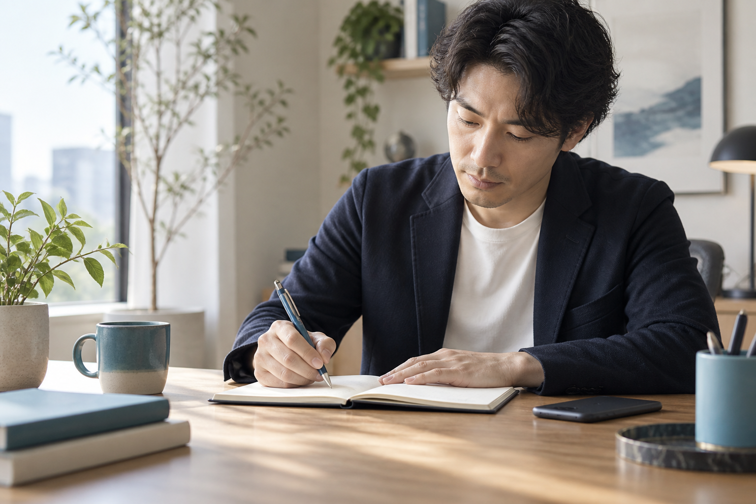 個別セッションで気づきをノートに残す男性